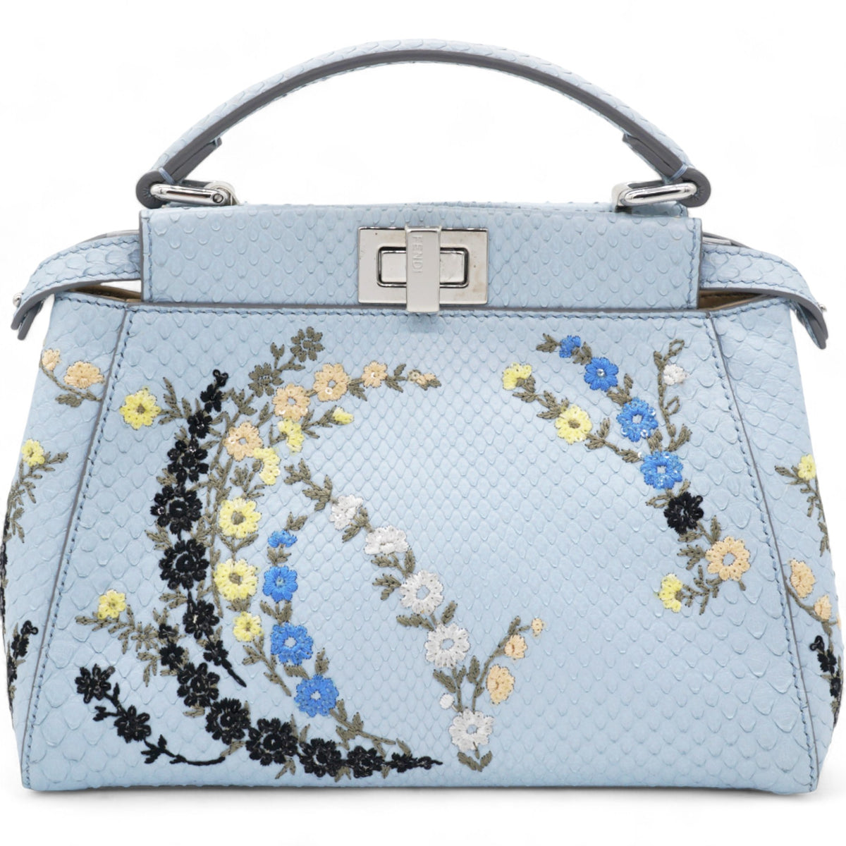 FENDI Light Blue Python Embroidered Peekaboo Mini Bag