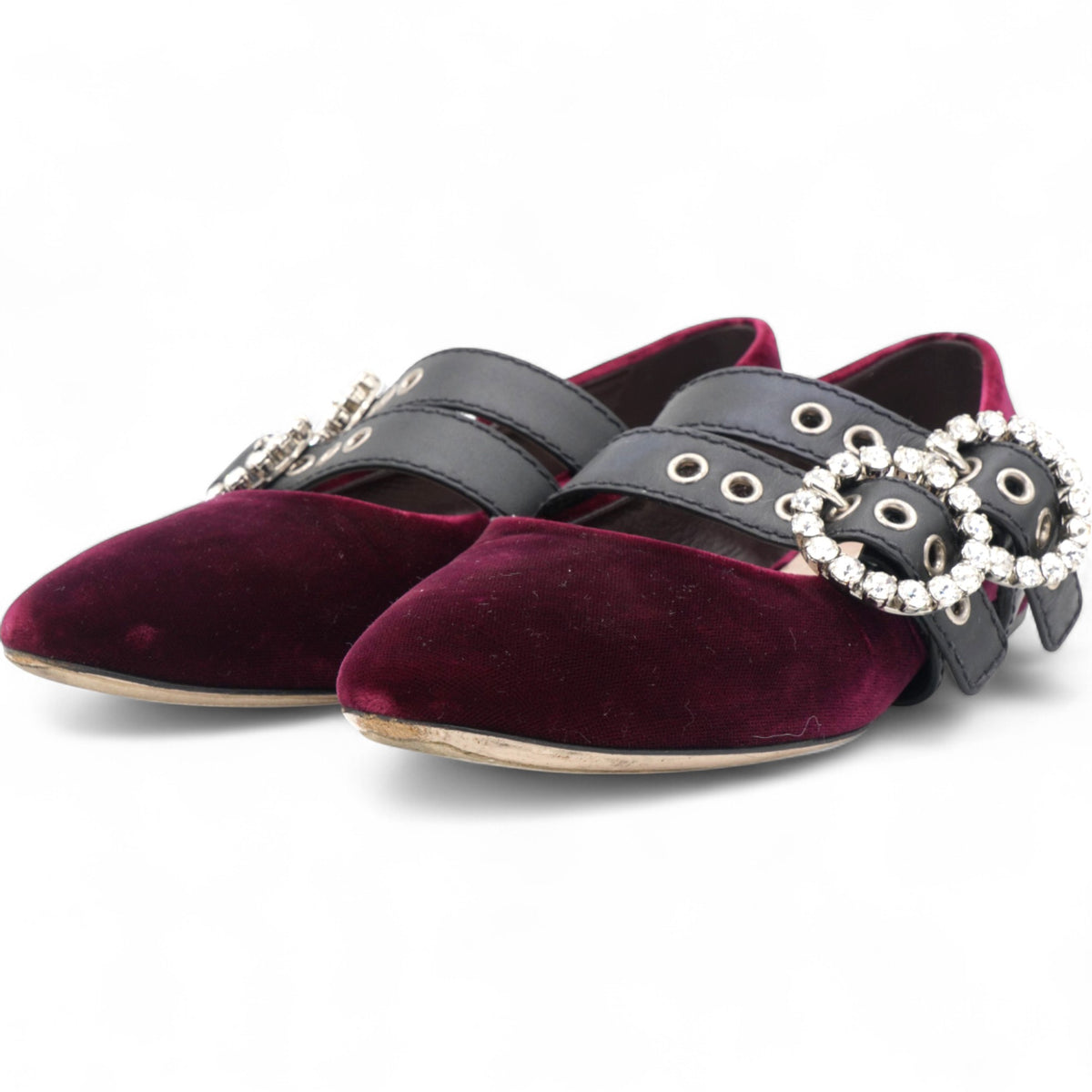 MIU MIU Burgundy Velvet And Leather Crystal Embellished Double 
