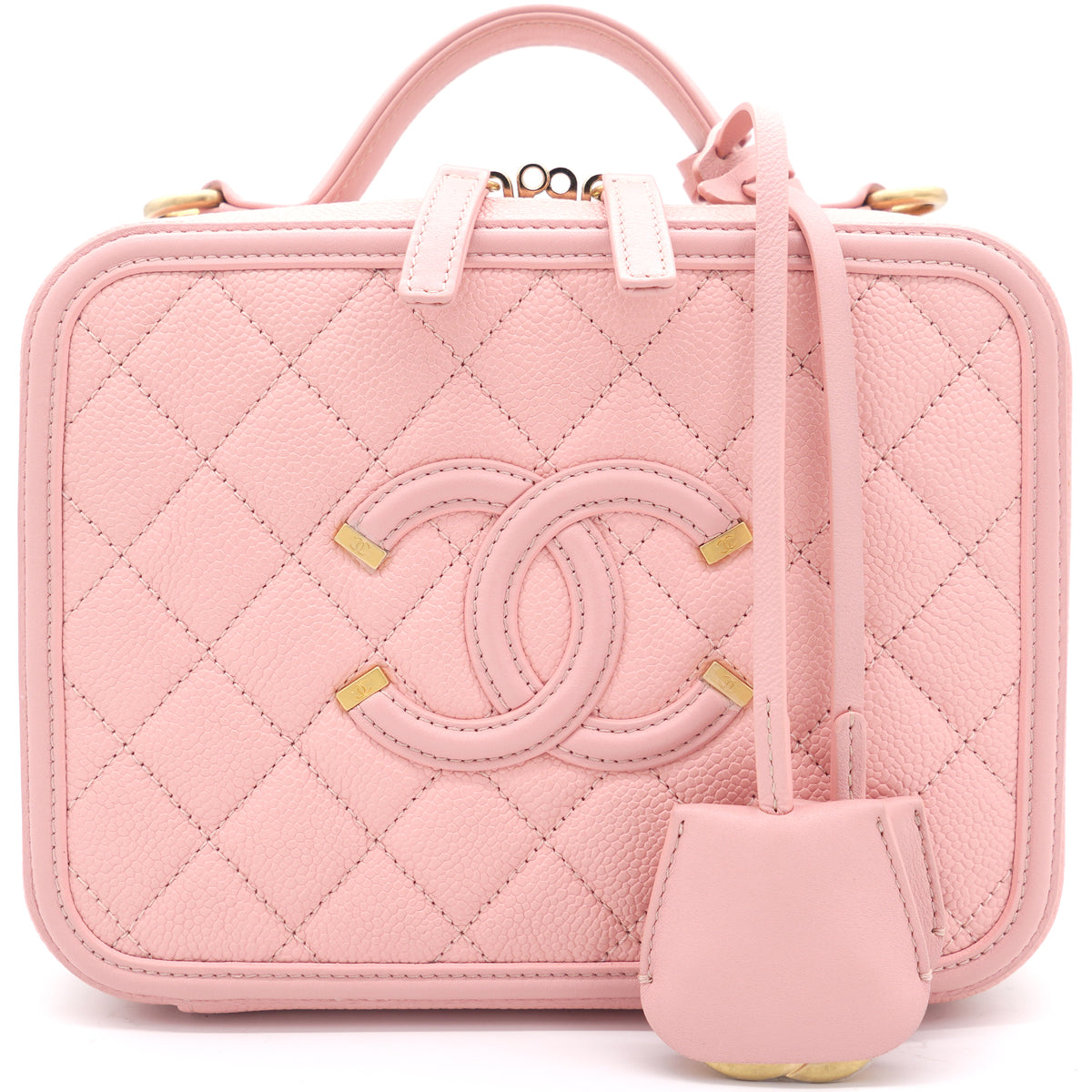Chanel Pink Quilted Caviar Leather Medium CC Filigree Vanity Case