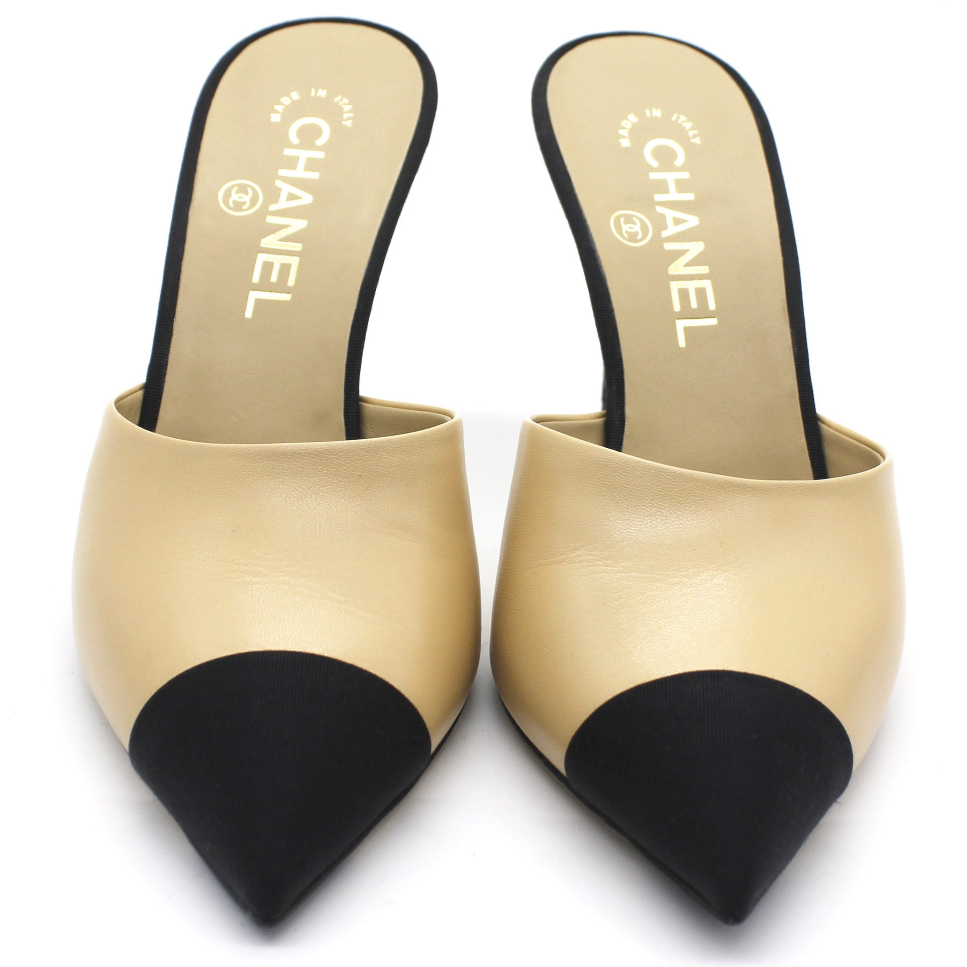 Beige/Black CC Faux Pearl Embellished Heel Slip On Mules