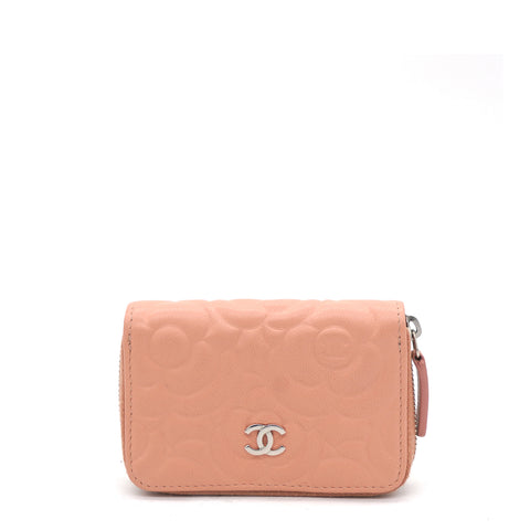 CHANEL  LAMBSKIN CAMELLIA EMBOSSED WALLET ON CHAIN