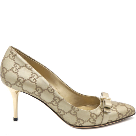 Beige Guccissima Leather Bow Detail Pointed Toe Pumps 36