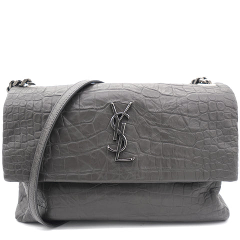 Calfskin Crocodile Embossed Medium West Hollywood Monogram Fold-Over Bag Grey