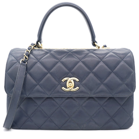 Navy Blue Quilted Lambskin Medium Trendy CC Flap Top Handle Bag