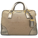 Beige/Metallic Leather and Jacquard Canvas Logo Bauletto Bag