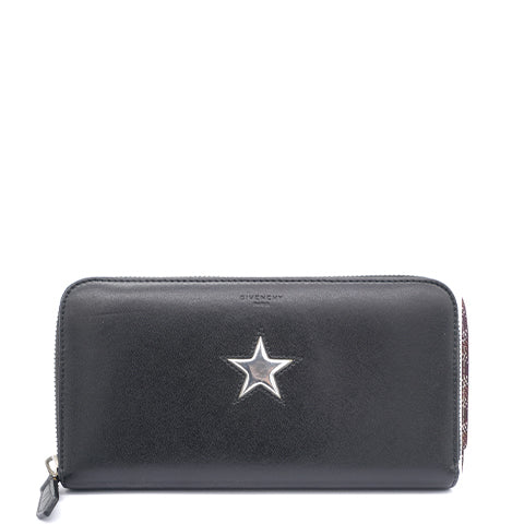 Black Coated Leather Silver Star Zip Around Wallet