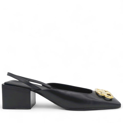 BALENCIAGA Black Leather BB Logo Square Toe Slingback Sandals Size 37.5 