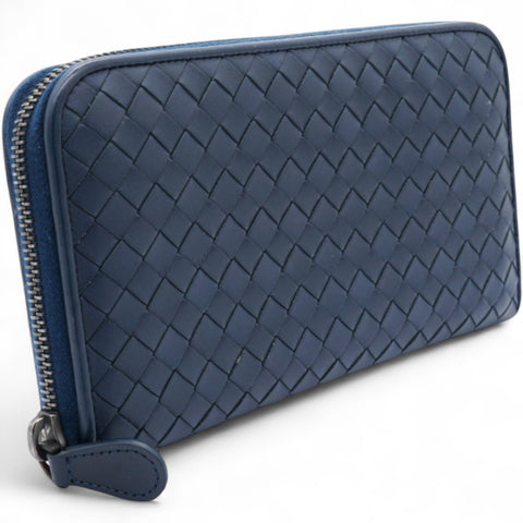 BOTTEGA VENETA Nappa Intrecciato Zip Around Wallet Pacific Navy 