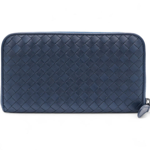 BOTTEGA VENETA Nappa Intrecciato Zip Around Wallet Pacific Navy 