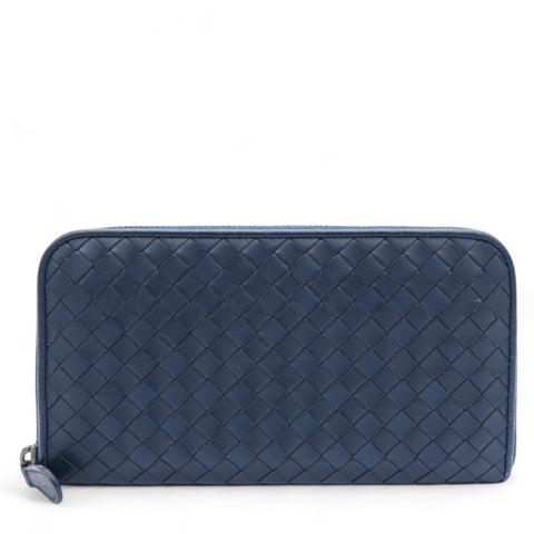 BOTTEGA VENETA Nappa Intrecciato Zip Around Wallet Pacific Navy 