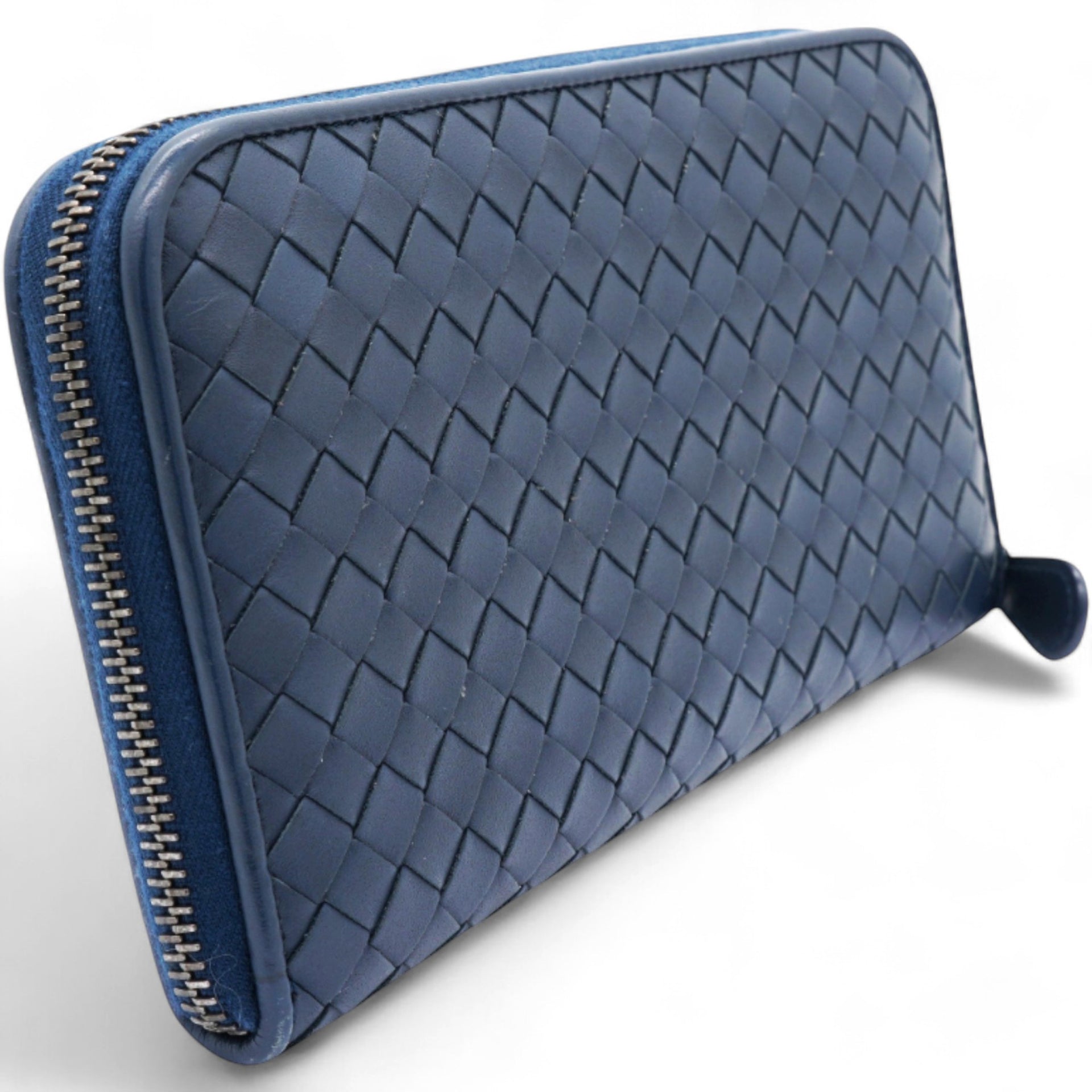 BOTTEGA VENETA Nappa Intrecciato Zip Around Wallet Pacific Navy 
