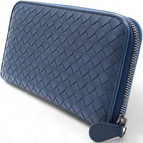 BOTTEGA VENETA Nappa Intrecciato Zip Around Wallet Pacific Navy 