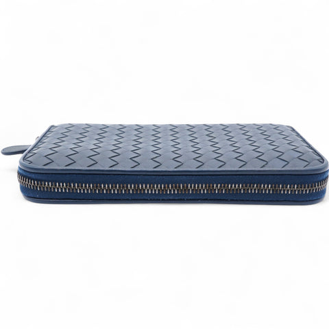 BOTTEGA VENETA Nappa Intrecciato Zip Around Wallet Pacific Navy 