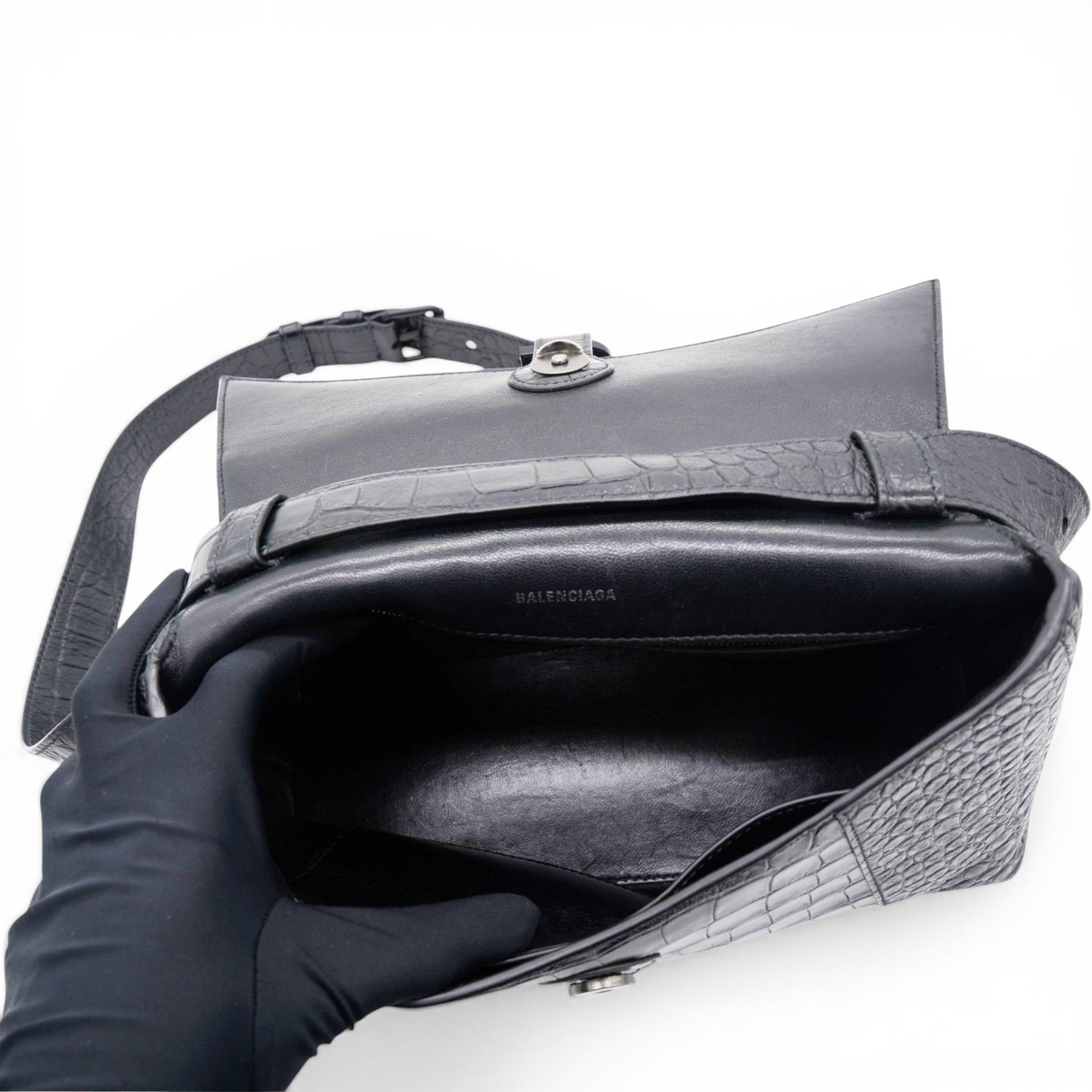 Balenciaga Medium Extra Supple Calfskin Crocodile Embossed Monochrome XS Downtown Shoulder Bag Black 