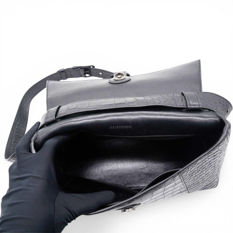 Balenciaga Medium Extra Supple Calfskin Crocodile Embossed Monochrome XS Downtown Shoulder Bag Black 
