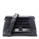 Balenciaga Medium Extra Supple Calfskin Crocodile Embossed Monochrome XS Downtown Shoulder Bag Black 
