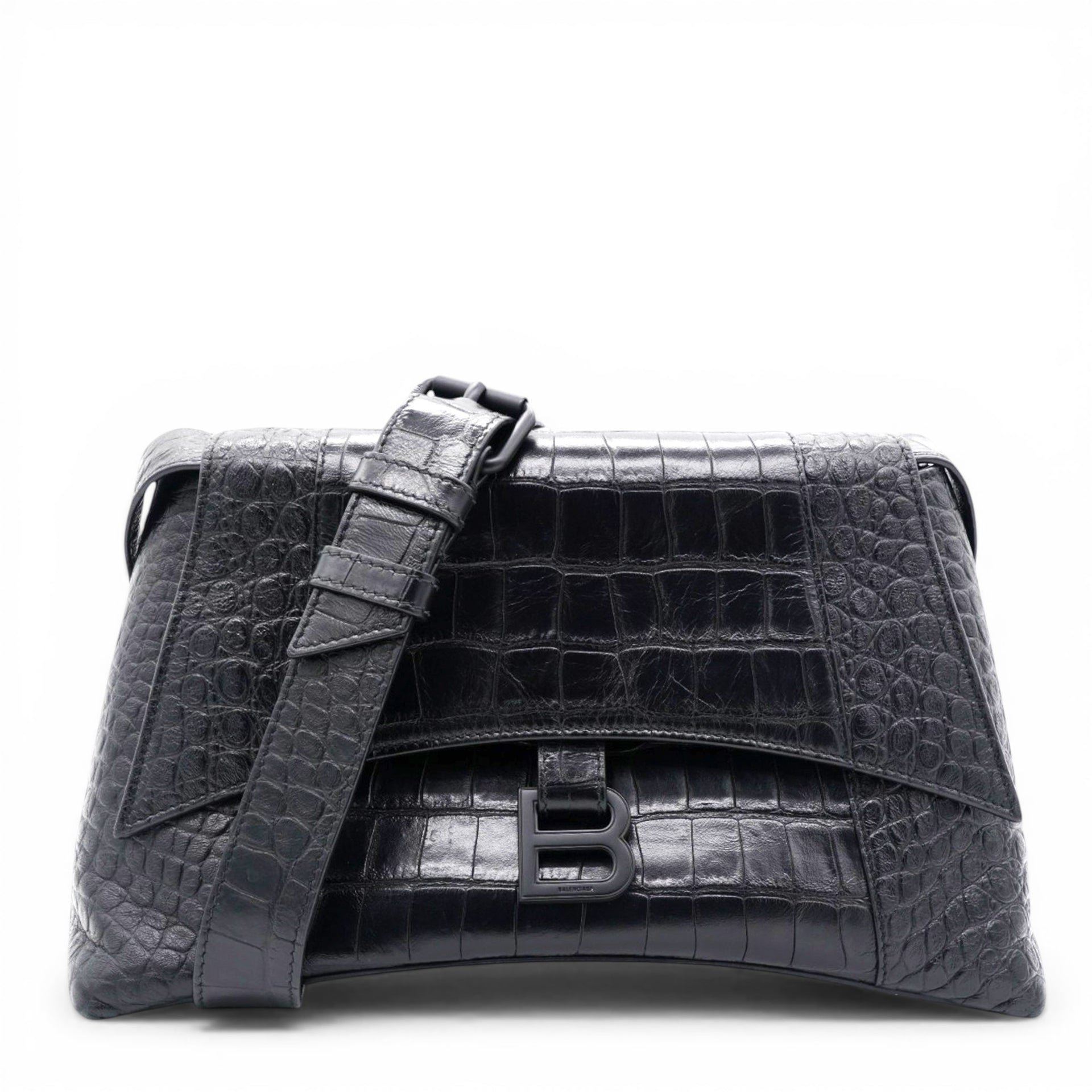Balenciaga Medium Extra Supple Calfskin Crocodile Embossed Monochrome XS Downtown Shoulder Bag Black 