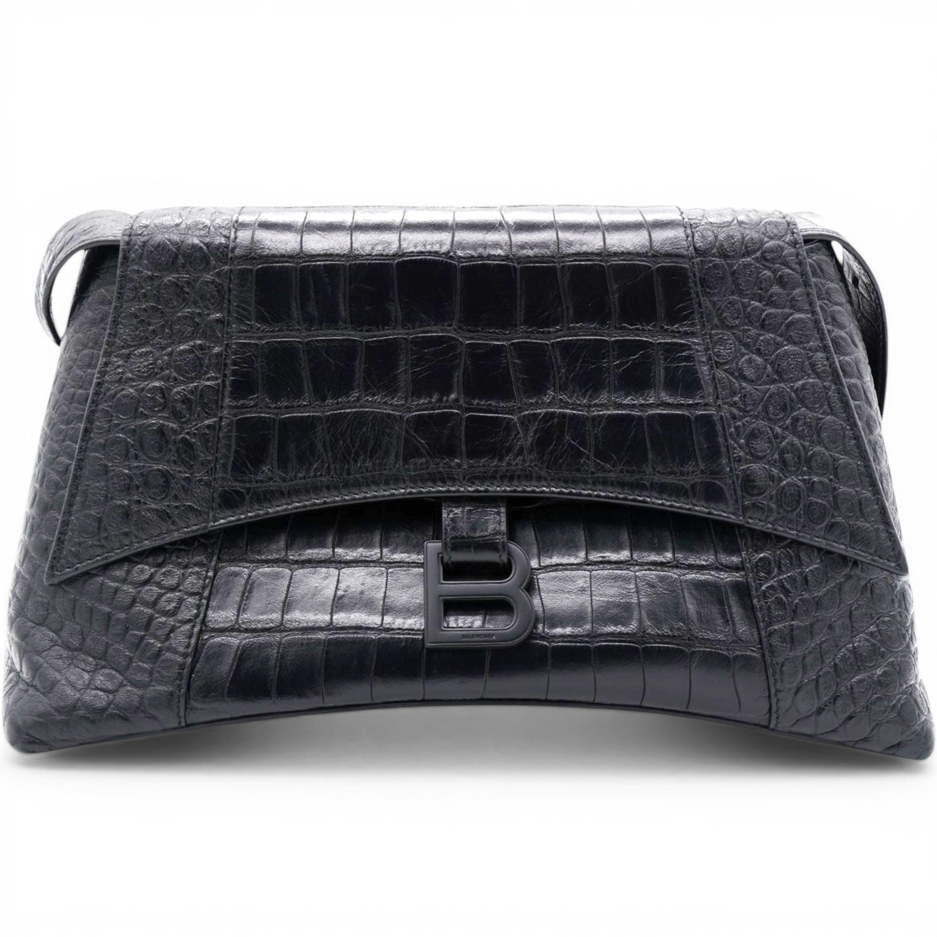 Balenciaga Medium Extra Supple Calfskin Crocodile Embossed Monochrome XS Downtown Shoulder Bag Black 