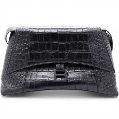 Balenciaga Medium Extra Supple Calfskin Crocodile Embossed Monochrome XS Downtown Shoulder Bag Black 