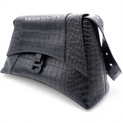 Balenciaga Medium Extra Supple Calfskin Crocodile Embossed Monochrome XS Downtown Shoulder Bag Black 