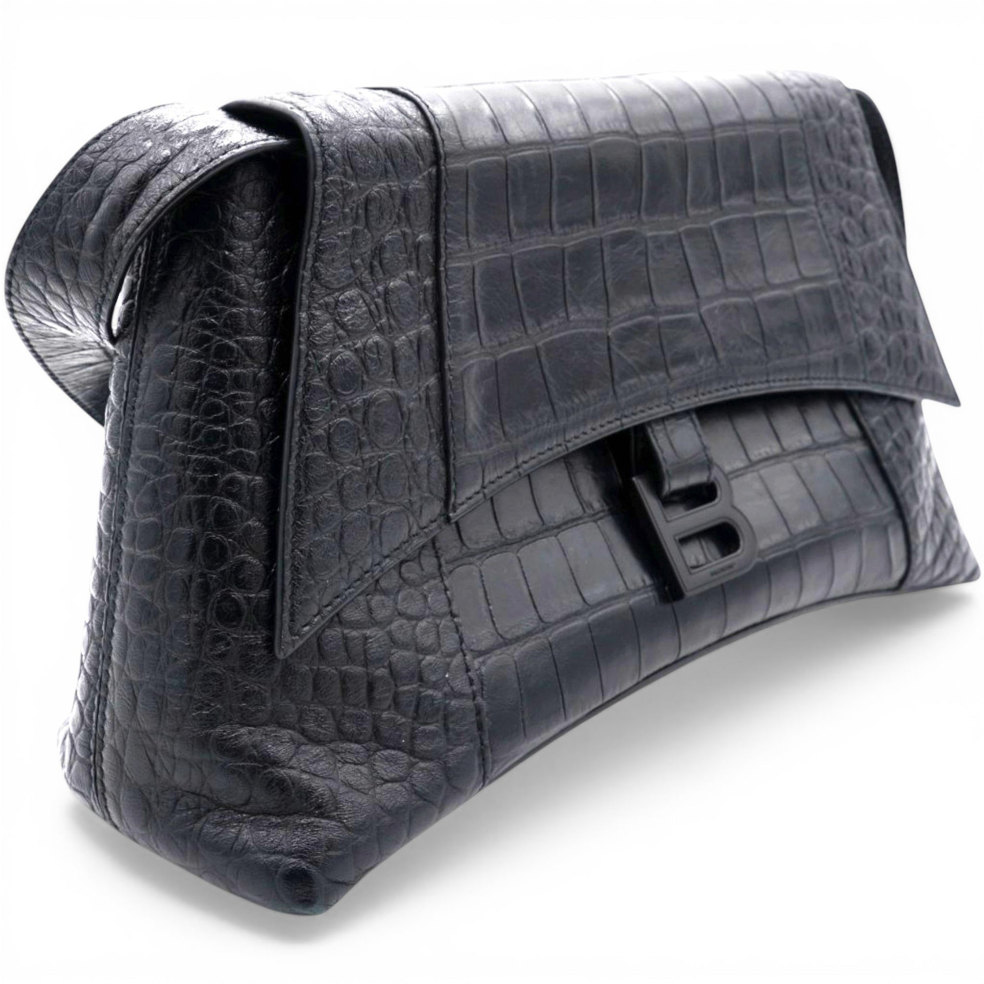 Balenciaga Medium Extra Supple Calfskin Crocodile Embossed Monochrome XS Downtown Shoulder Bag Black 