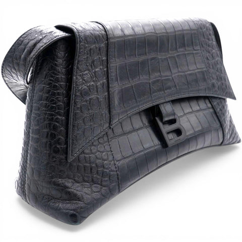 Balenciaga Medium Extra Supple Calfskin Crocodile Embossed Monochrome XS Downtown Shoulder Bag Black 