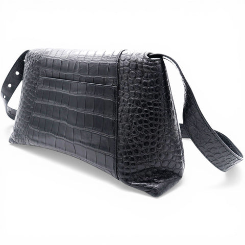 Balenciaga Medium Extra Supple Calfskin Crocodile Embossed Monochrome XS Downtown Shoulder Bag Black 
