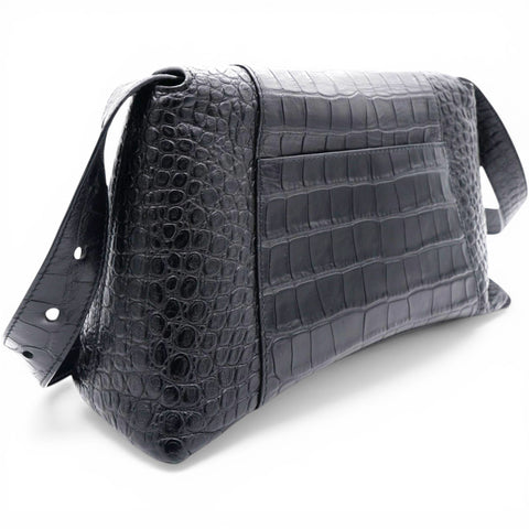 Balenciaga Medium Extra Supple Calfskin Crocodile Embossed Monochrome XS Downtown Shoulder Bag Black 