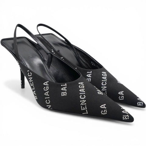 Balenciaga Square Knife Crystal Logo Pointed Toe Pump in Black Size35 