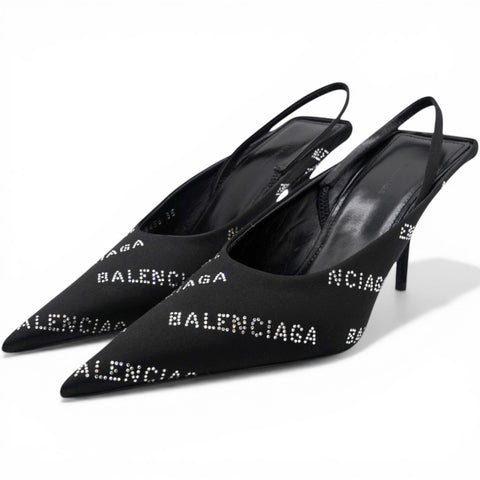 Balenciaga Square Knife Crystal Logo Pointed Toe Pump in Black Size35 