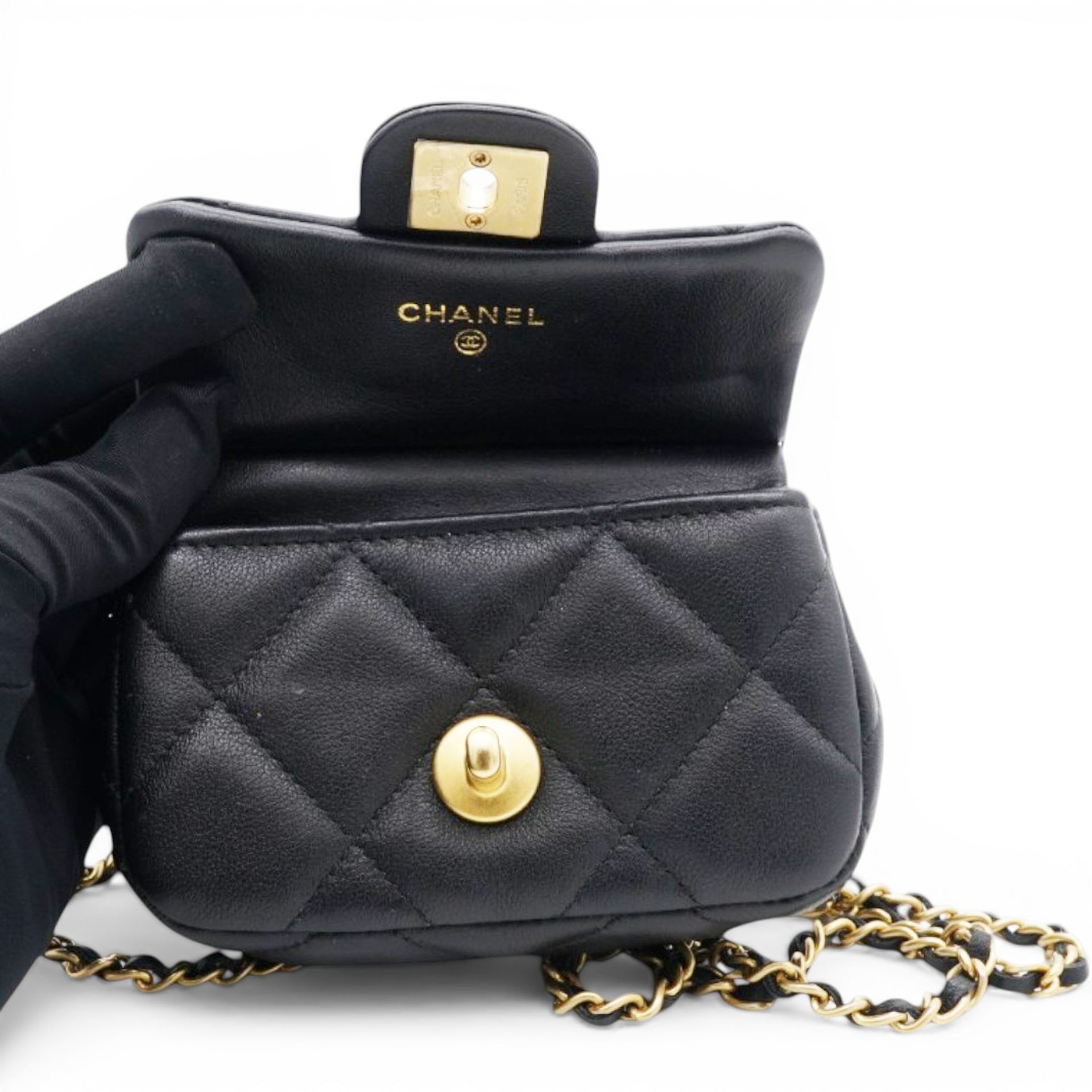 CHANEL Black Lambskin Leather Flap with Handle Card Holder 