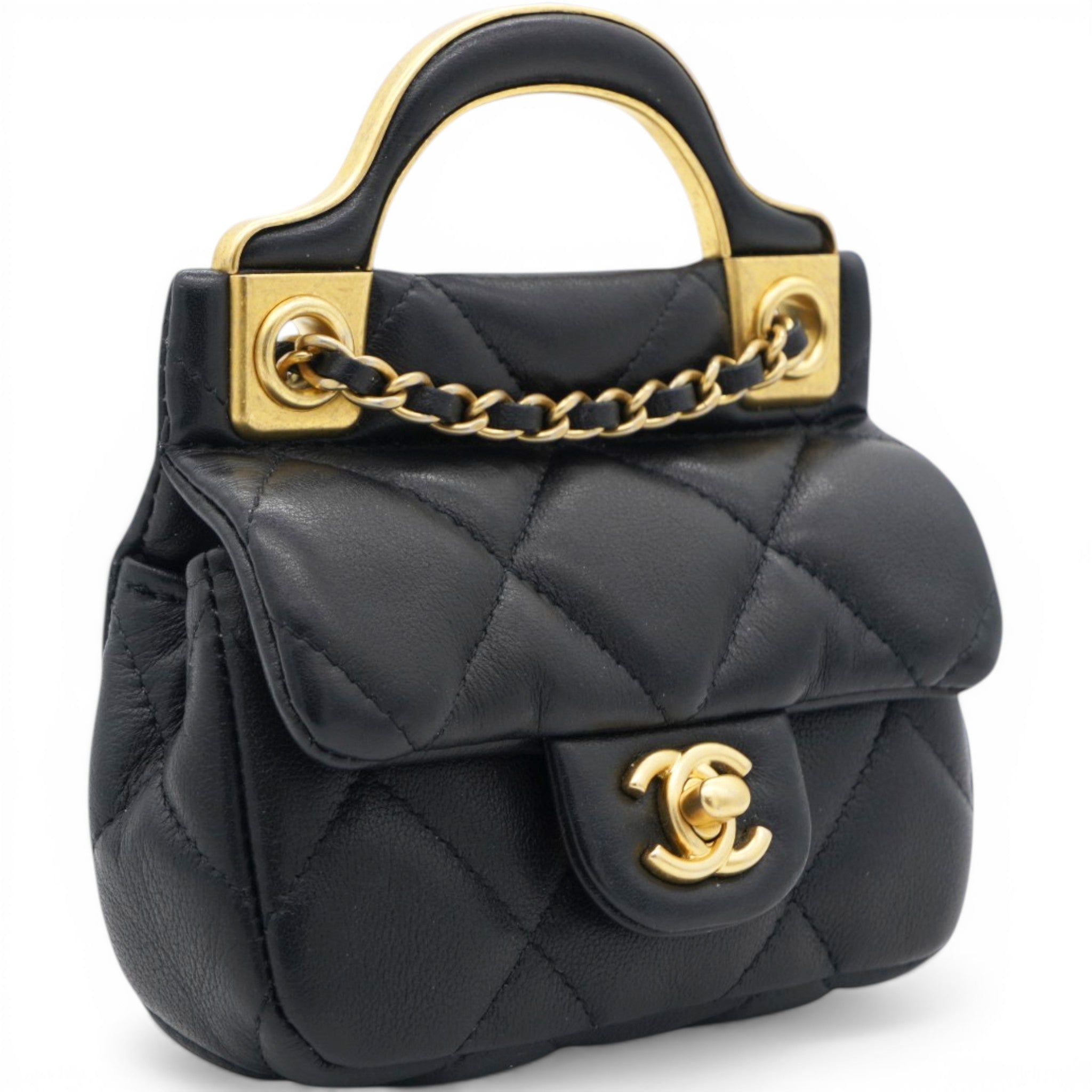 CHANEL Black Lambskin Leather Flap with Handle Card Holder 