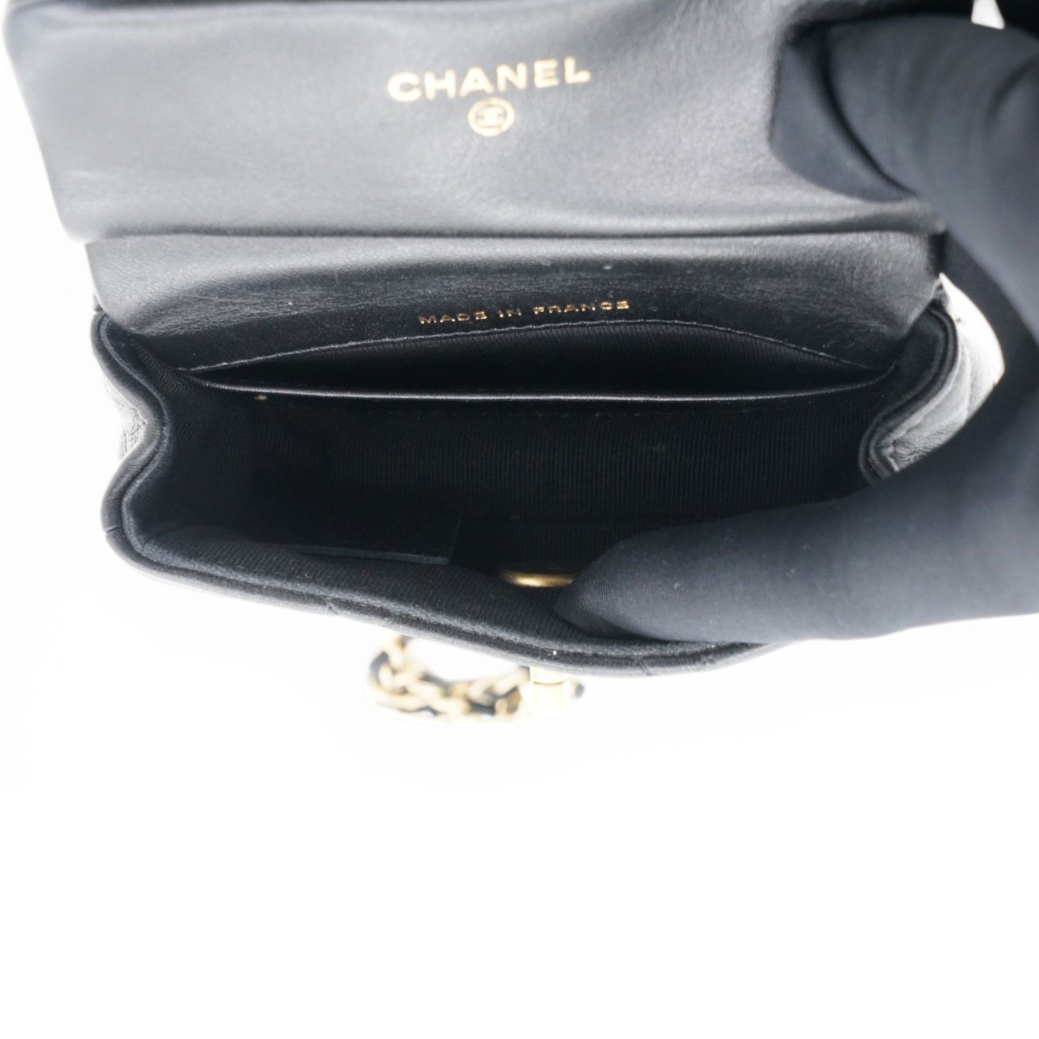 CHANEL Black Lambskin Leather Flap with Handle Card Holder 