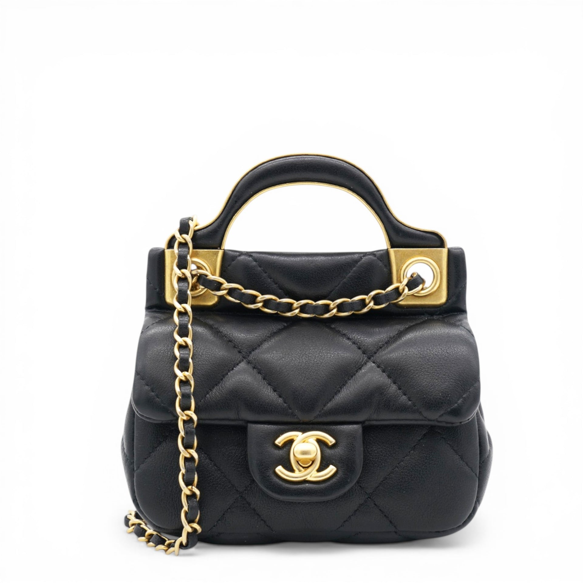 CHANEL Black Lambskin Leather Flap with Handle Card Holder 