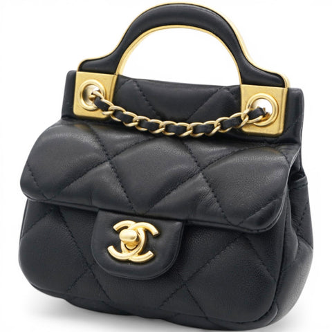 CHANEL Black Lambskin Leather Flap with Handle Card Holder 