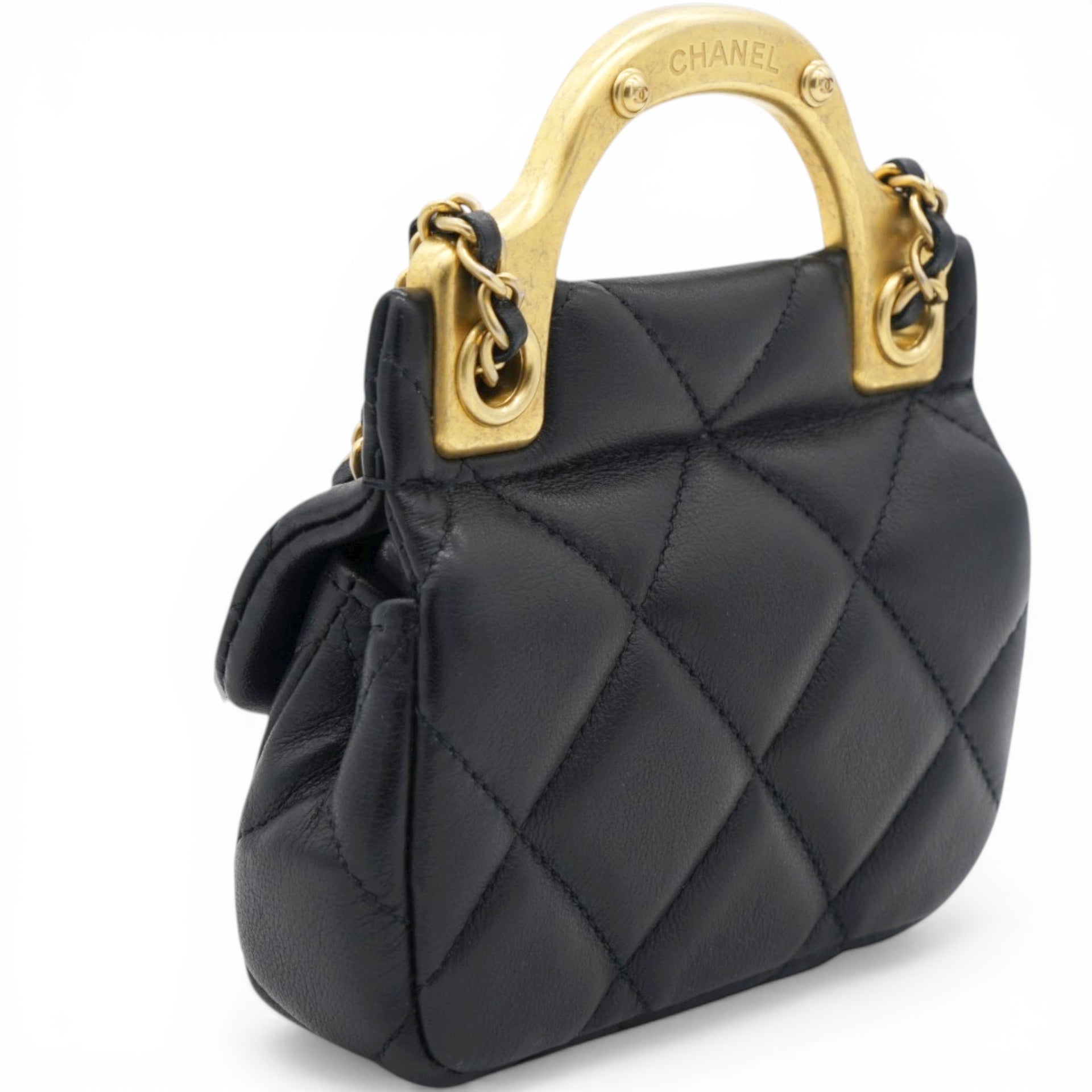 CHANEL Black Lambskin Leather Flap with Handle Card Holder 