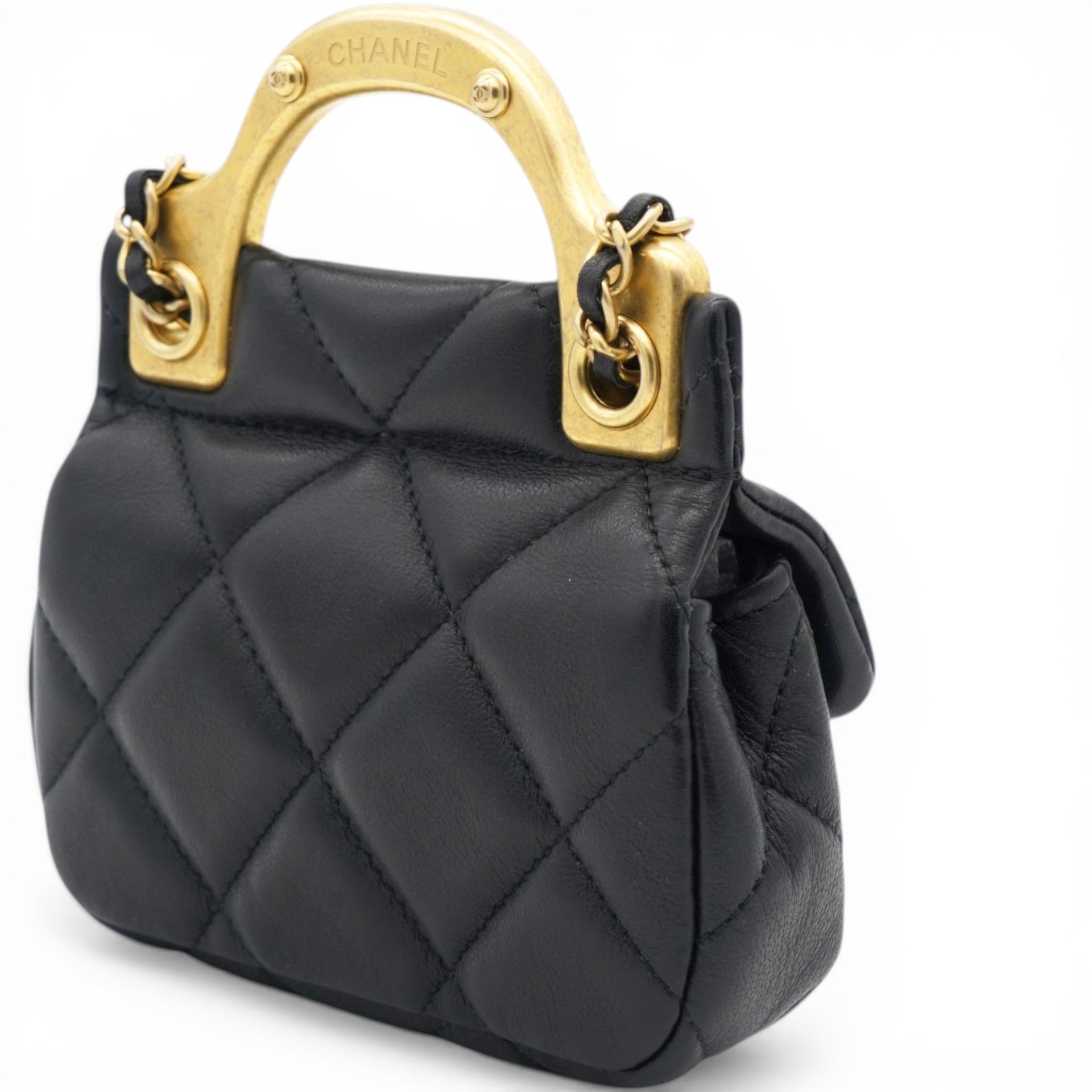 CHANEL Black Lambskin Leather Flap with Handle Card Holder 