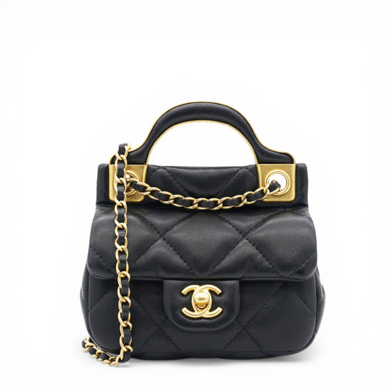 CHANEL Black Lambskin Leather Flap with Handle Card Holder 