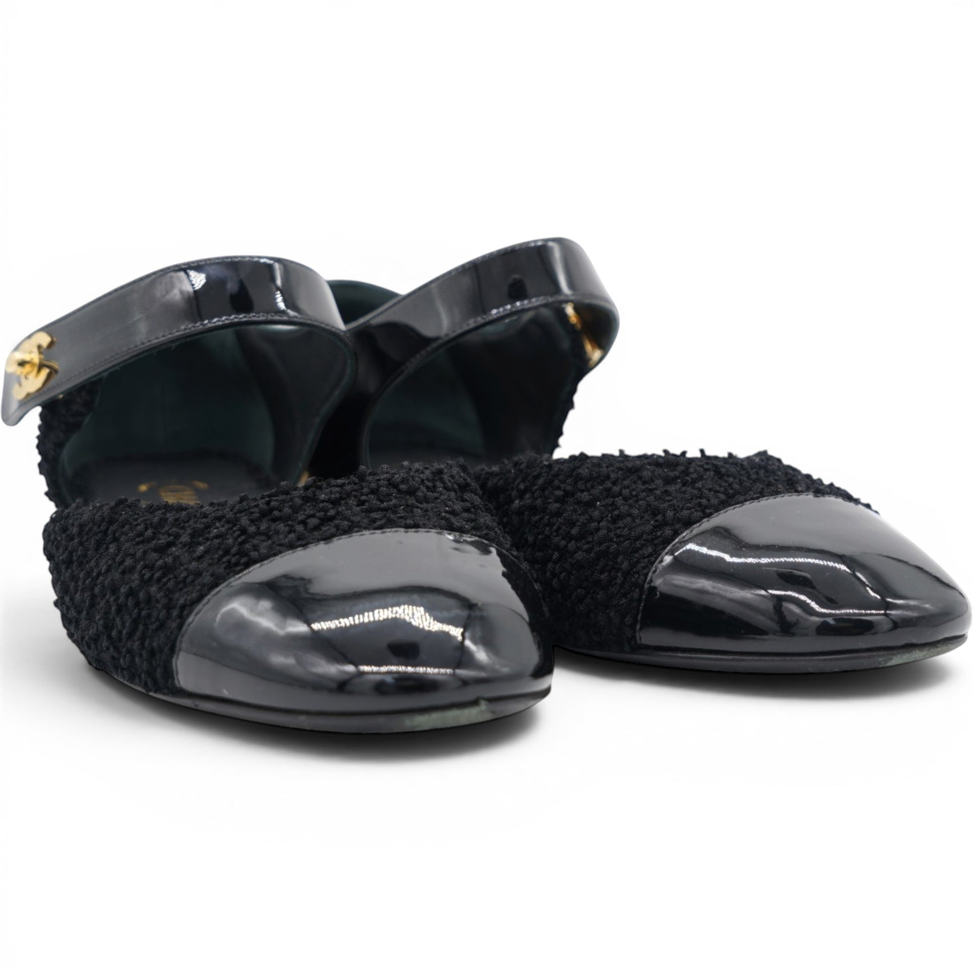CHANEL Bouclé Tweed Patent Leather Mary Jane Flats Size37 