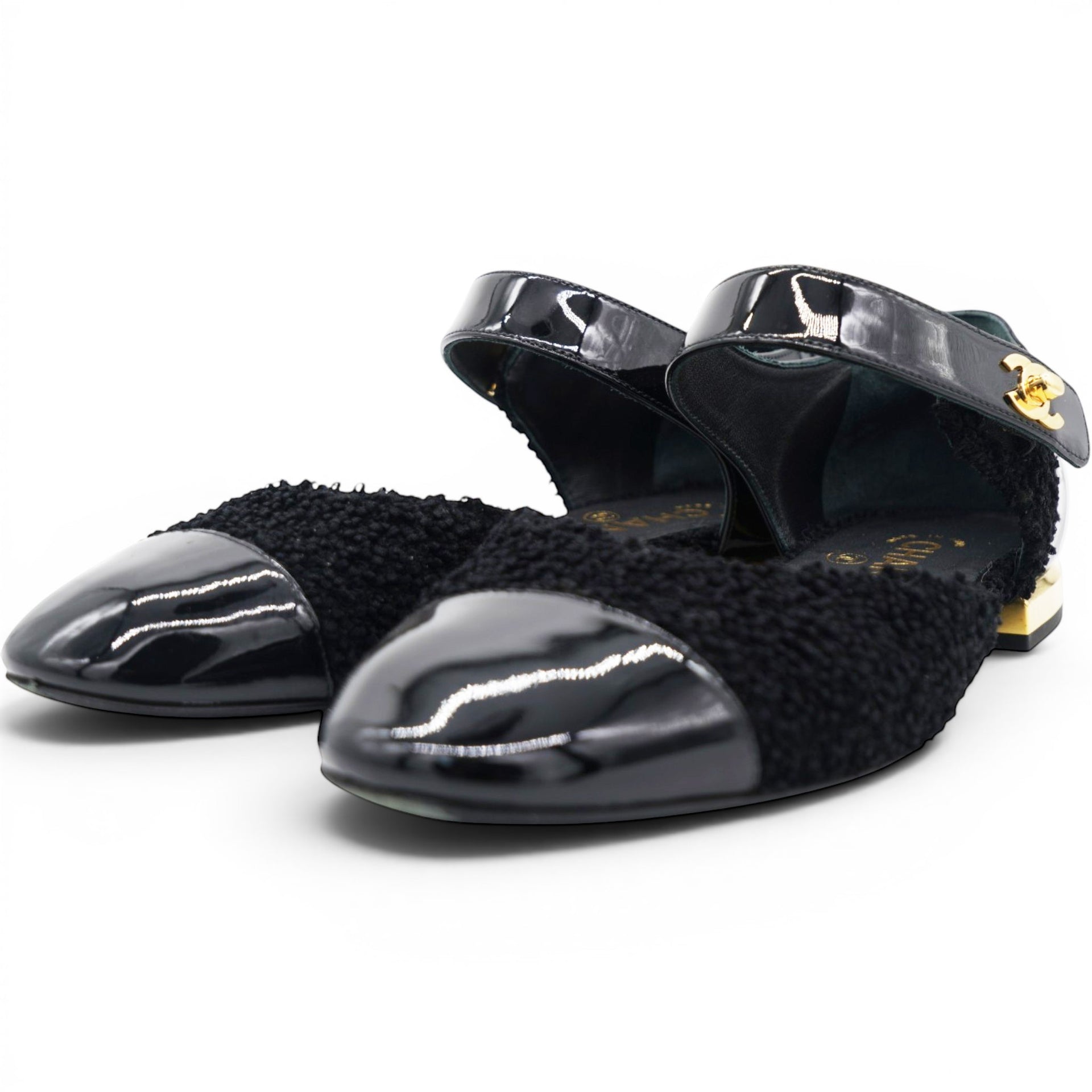 CHANEL Bouclé Tweed Patent Leather Mary Jane Flats Size37 