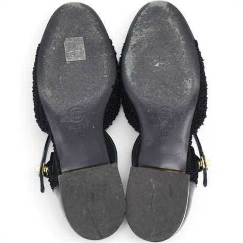 CHANEL Bouclé Tweed Patent Leather Mary Jane Flats Size37 