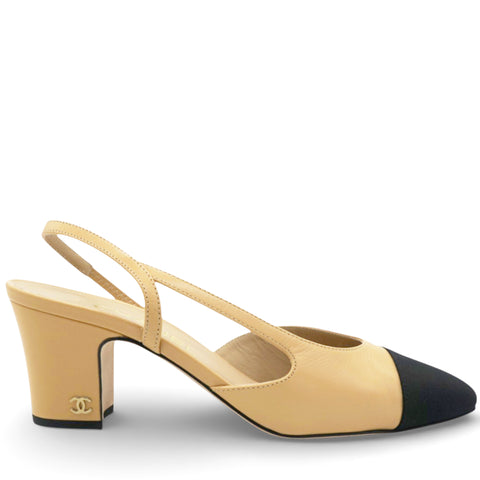 CHANEL Goatskin Grosgrain Cap Toe CC Slingback Sandals Beige Black Size37