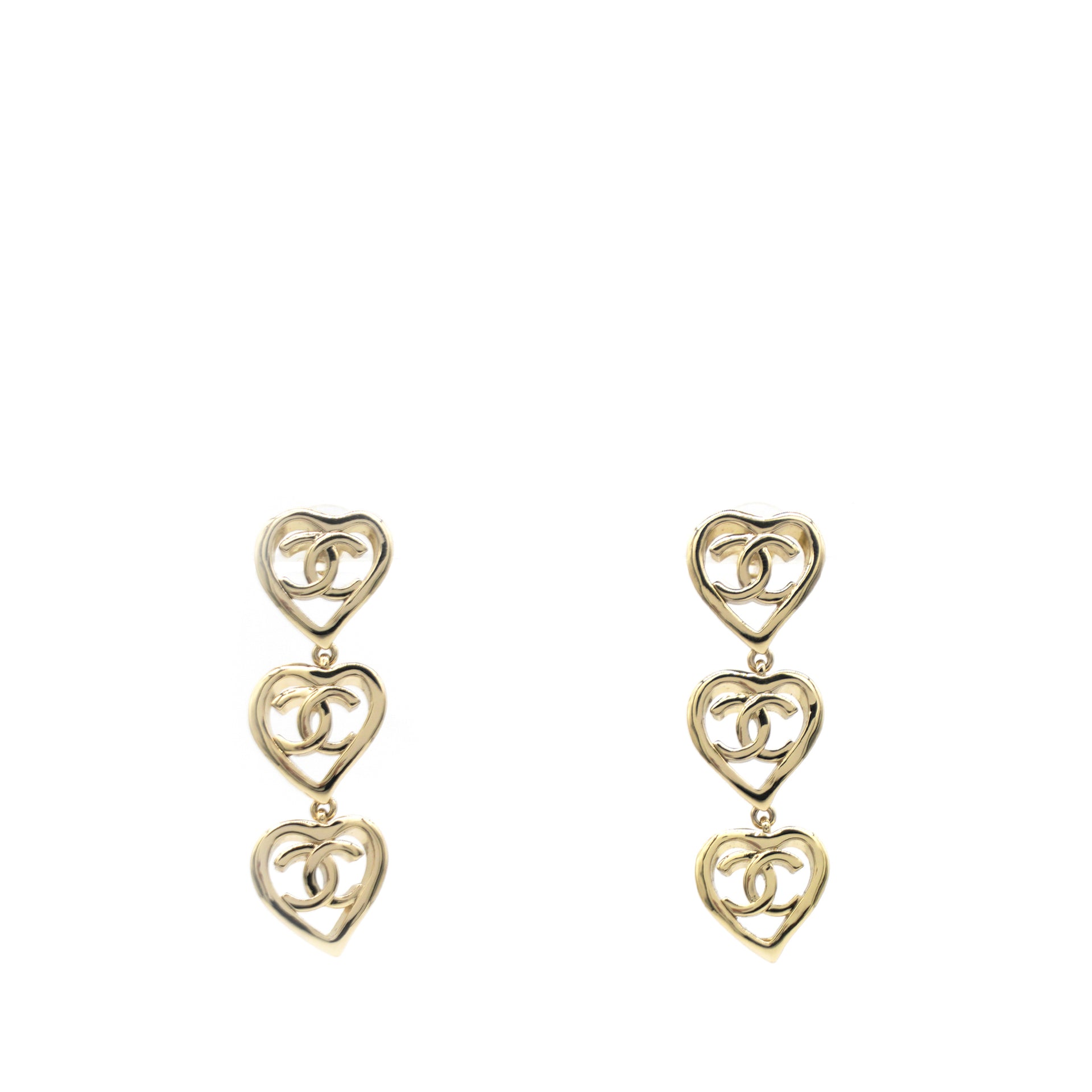 CHANEL Metal CC Triple Heart Drop Earrings Gold 