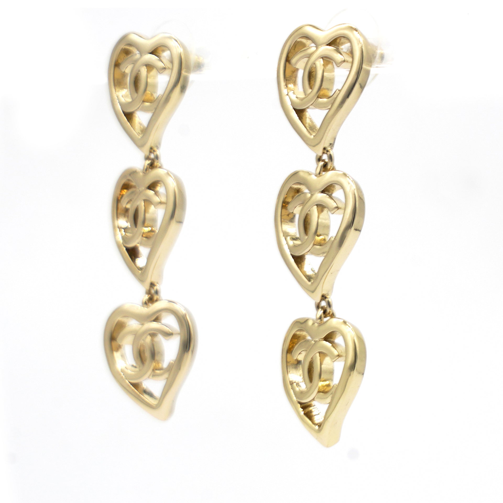 CHANEL Metal CC Triple Heart Drop Earrings Gold 