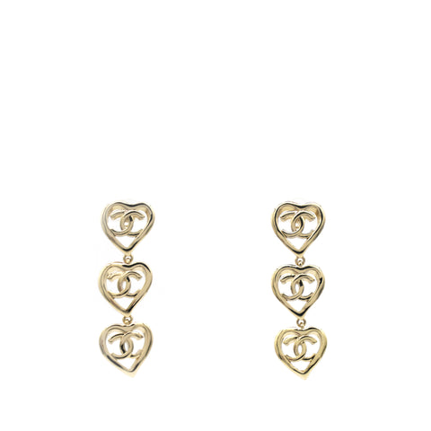 CHANEL Metal CC Triple Heart Drop Earrings Gold 