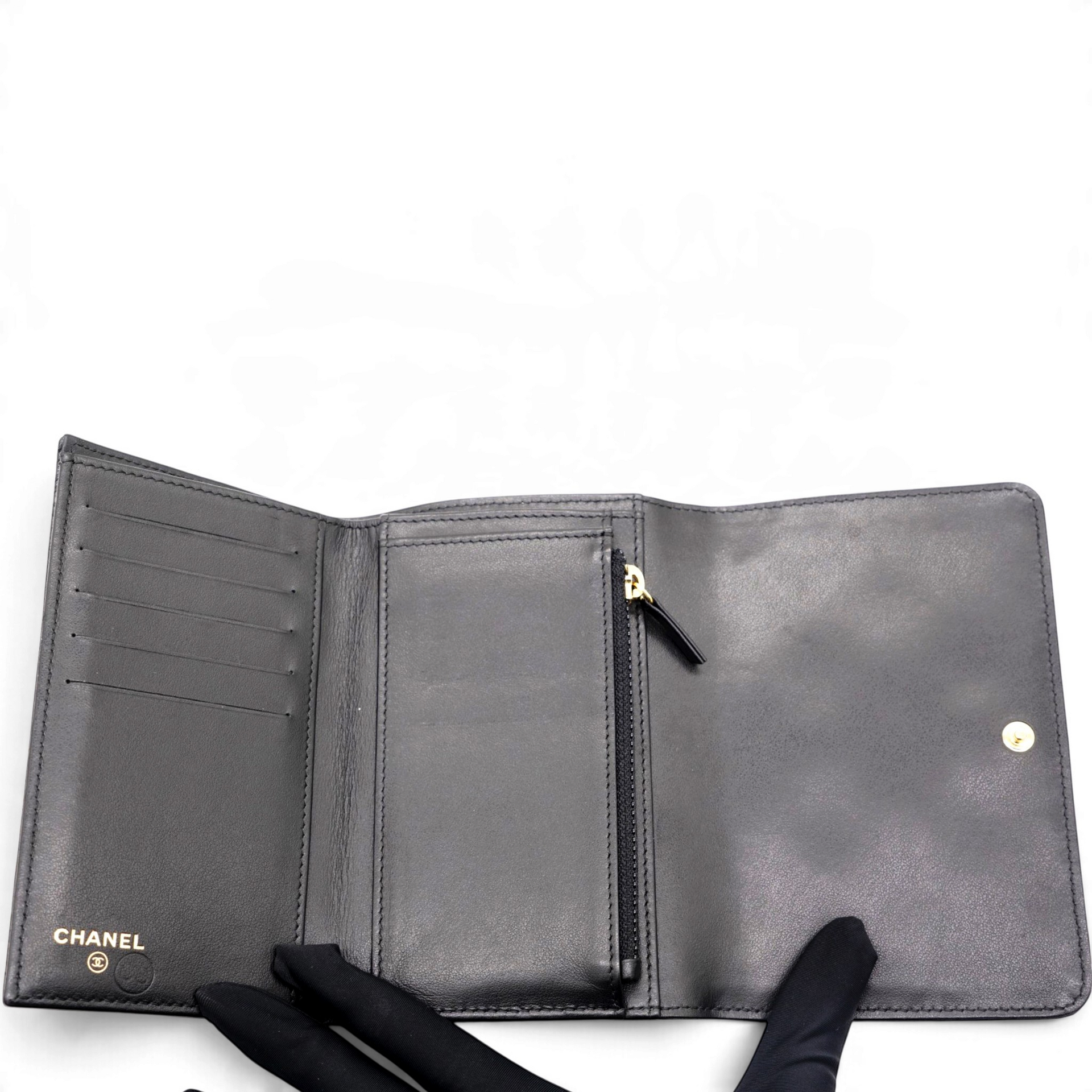 CHANEL Quilted Studded Compact Wallet Black 