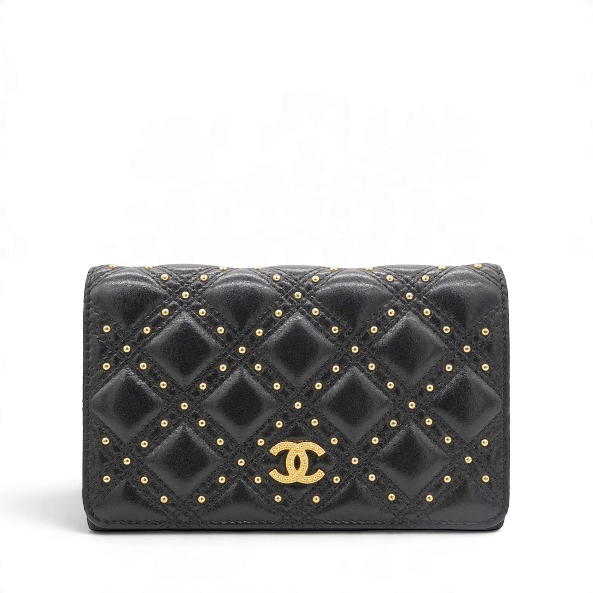 CHANEL Quilted Studded Compact Wallet Black 