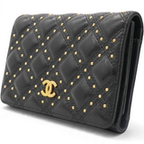 CHANEL Quilted Studded Compact Wallet Black 