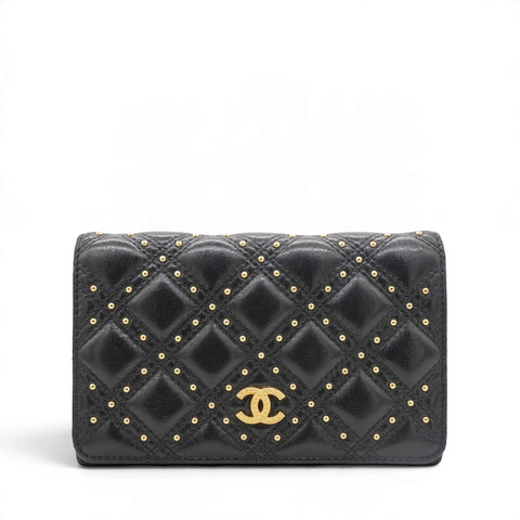 CHANEL Quilted Studded Compact Wallet Black 