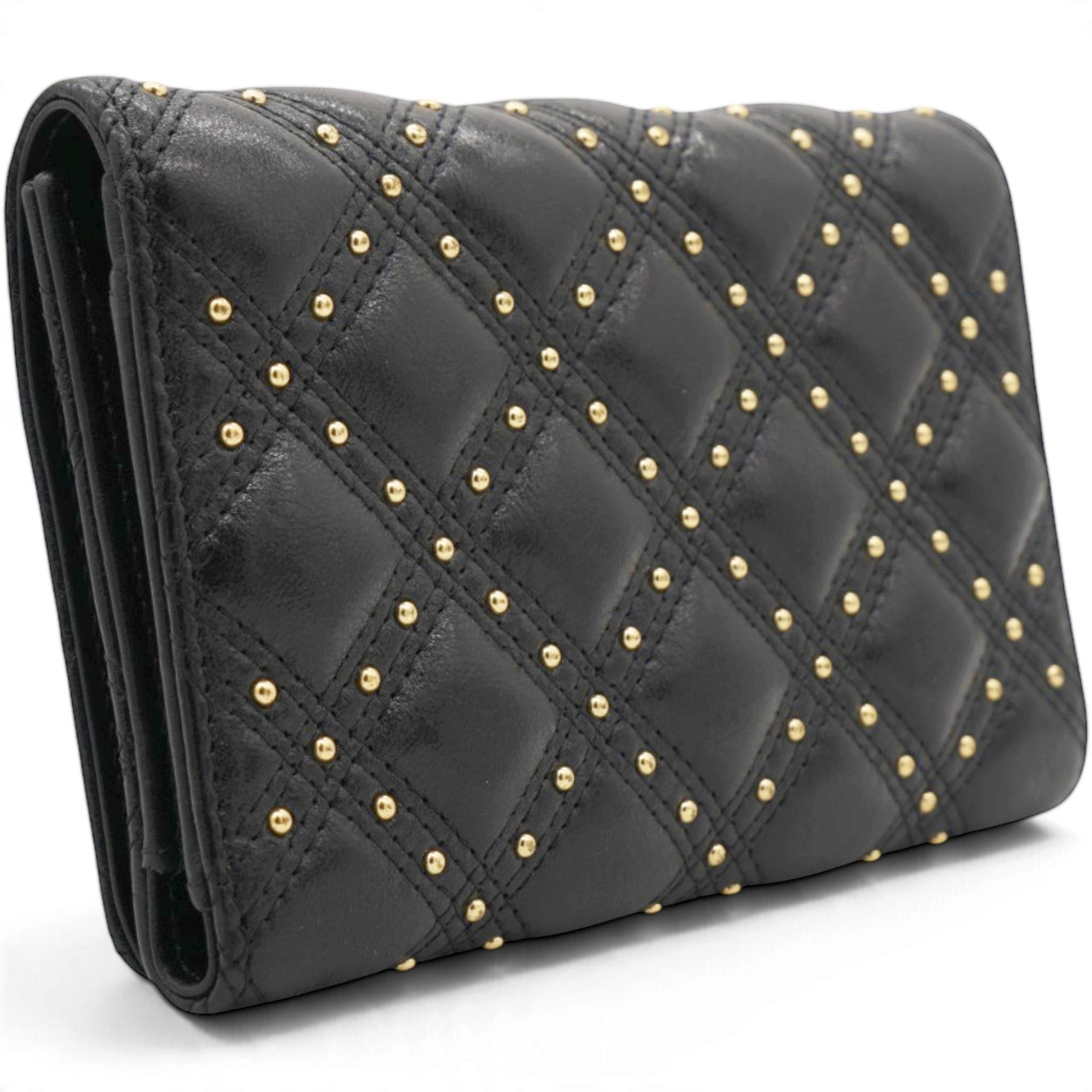 CHANEL Quilted Studded Compact Wallet Black 